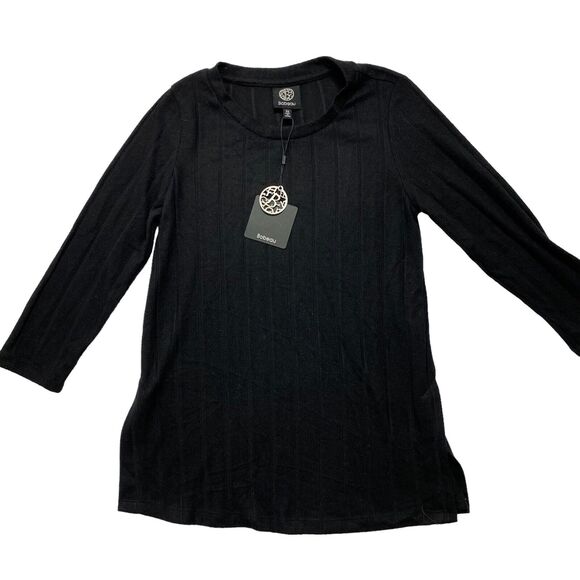 BOBEAU *NEW* Black 3/4 Sleeve Ribbed Stripe Crew Neck Knit Top Size XS - Picture 4 of 10